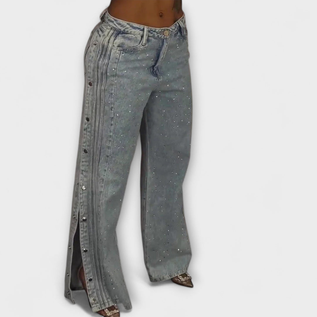 Nola - Jeans Taille Haute avec Décorations en Strass et Boutons Latéraux