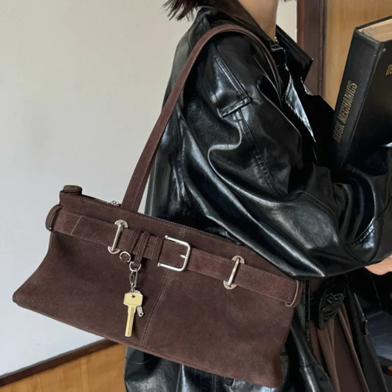 Sac à Bandoulière en Suède de Grande Capacité pour Femme avec Élégante Boucle Française