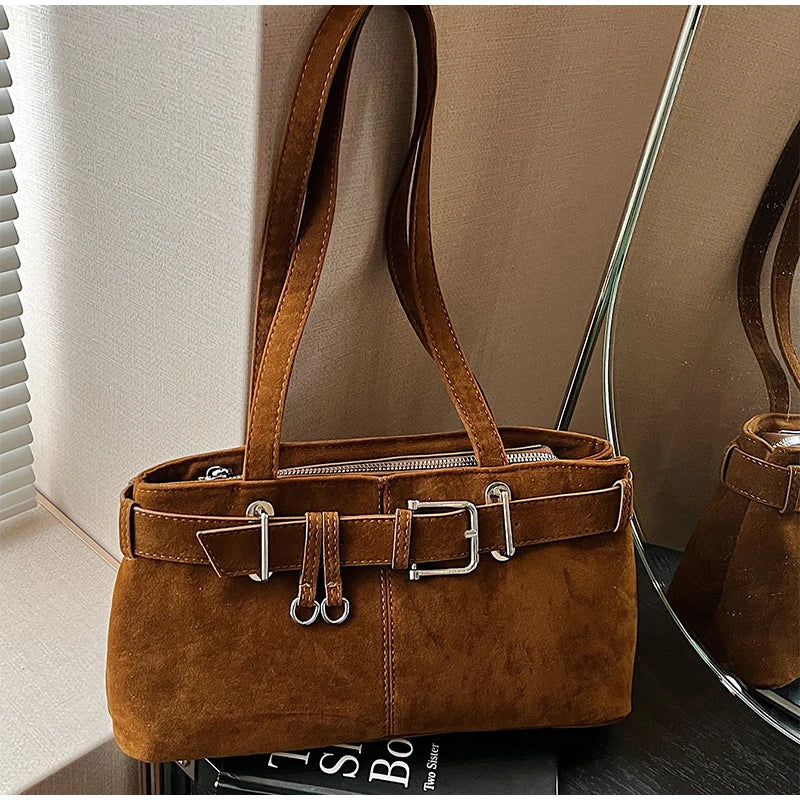 Sac à Bandoulière en Suède de Grande Capacité pour Femme avec Élégante Boucle Française