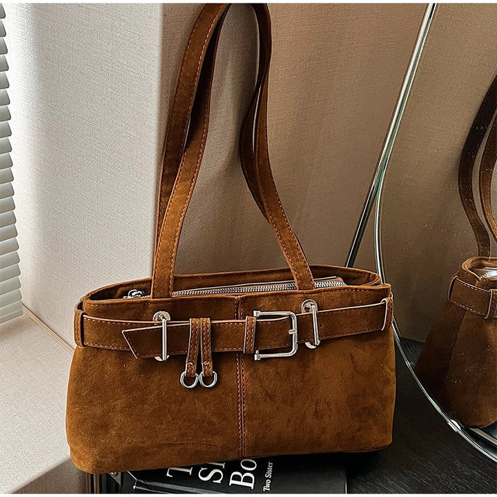 Sac à Bandoulière en Suède de Grande Capacité pour Femme avec Élégante Boucle Française