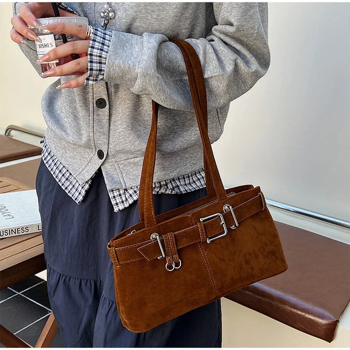 Sac à Bandoulière en Suède de Grande Capacité pour Femme avec Élégante Boucle Française