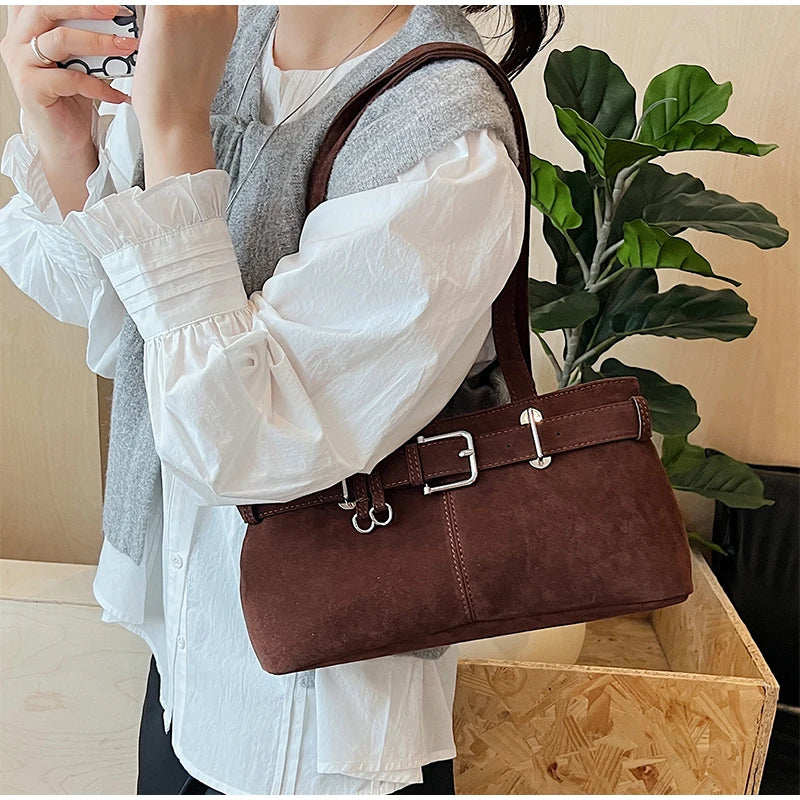 Sac à Bandoulière en Suède de Grande Capacité pour Femme avec Élégante Boucle Française