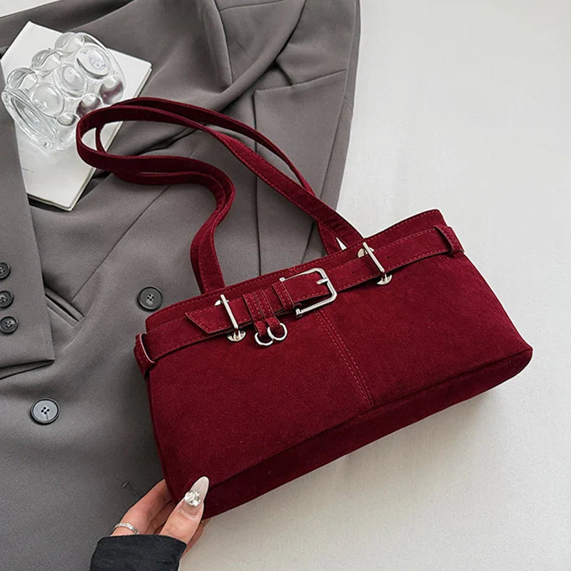 Sac à Bandoulière en Suède de Grande Capacité pour Femme avec Élégante Boucle Française
