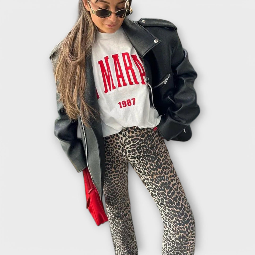 Chandra - Jeans Vintage avec Imprimé Léopard