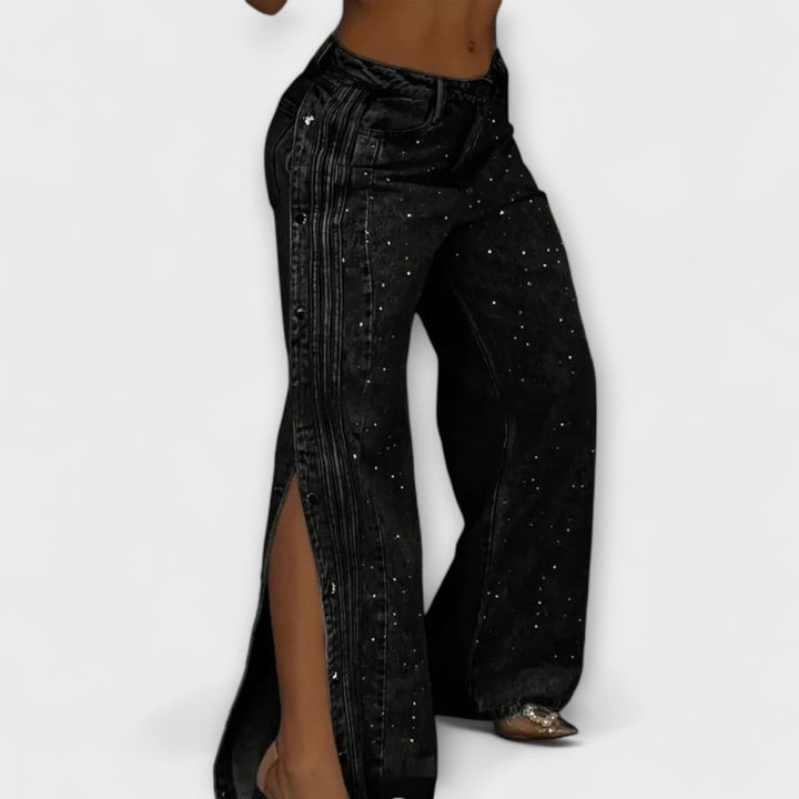Nola - Jeans Taille Haute avec Décorations en Strass et Boutons Latéraux